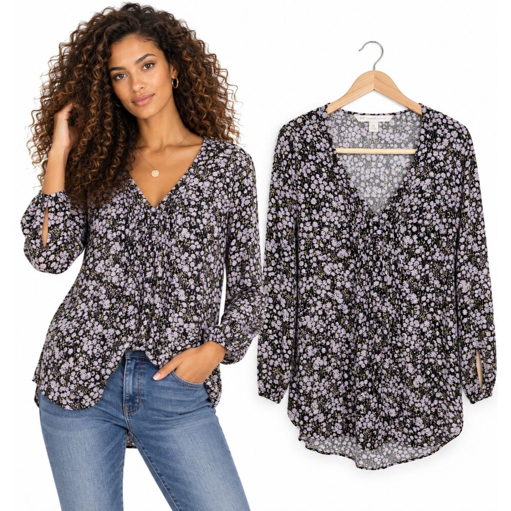 LC Lauren Conrad Black Floral Rayon Pintuck Tunic Blouse Size M Long Sleeve